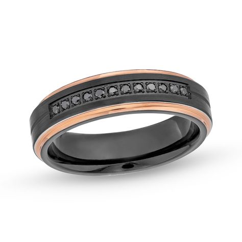 A sophisticated look for the modern man, this tungsten and black diamond band is just his style.
Black tungsten.This 6.0mm-wide design features a rectangular inset lined with bold black diamonds.Rose-toned ion plating borders the ring's edges.0.12 ct. t.w. of diamonds.Size 10 only. Black Diamond Band, Black Diamond Wedding Band, Tungsten Metal, Black Diamond Wedding Bands, Black Diamond Bands, Multi Ring, Diamond Picture, Rose Tone, Black Tungsten