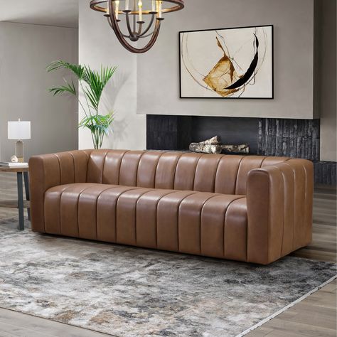 This leather sofa is both stylish and comfortable... two features that don't always go hand in hand when it comes to describing modern furniture. Mid Century Modern Leather Sofa, Tufted Leather Sofa, Grey Leather Sofa, Top Grain Leather Sofa, Genuine Leather Sofa, Modern Leather Sofa, Tufted Leather, Tufted Sofa, Sofa Colors