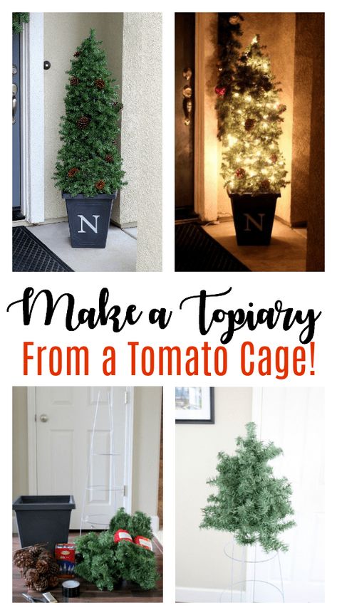 Easy Evergreen Tree Topiary Using a Tomato Cage Tomato Cage Crafts, Porch Christmas Tree, Christmas Tree Topiary, Tomato Cage Christmas Tree, Christmas Topiary, Dollar Tree Christmas Decor, Outdoor Christmas Tree, Christmas Planters, Tomato Cages