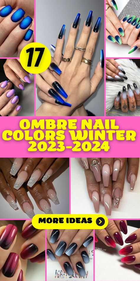 Street Chic: Ombre Nail Colors Ideas Winter 2023-2024: Embrace street chic vibes with ombre nail colors ideas for winter 2023-2024. These trendy nail designs featuring shades like blue, pink, and green are perfect for short nails. Try almond or stiletto shapes and experiment with acrylic or gel nails for a bold statement. Stay ahead of 2023 nail trends with these 35 trending ombre nail art designs. Ombre Nails Winter Color Trends, Nails For Jan 2024, Ombre Nails Winter Colors, Nails For Fall/winter, Ombré Winter Nails, Hombre Nails Ombre Winter, Gel Nails Ideas 2024, Hombre Blue Nails, Winter Ombre Nails Acrylic