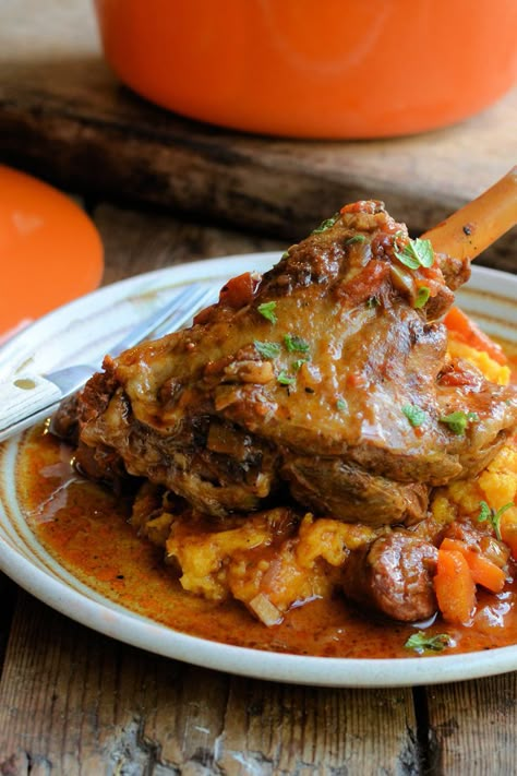 Spanish-style lamb shank casserole recipe Spanish Lamb Recipes, Recipes With Lamb, Easy Lamb Shank Recipe, Best Lamb Shank Recipe, Lamb Shanks Recipe, Sous Vide Vegetables, Spanish Tapas Recipes, Lamb Shank Recipe, Lamb Shank