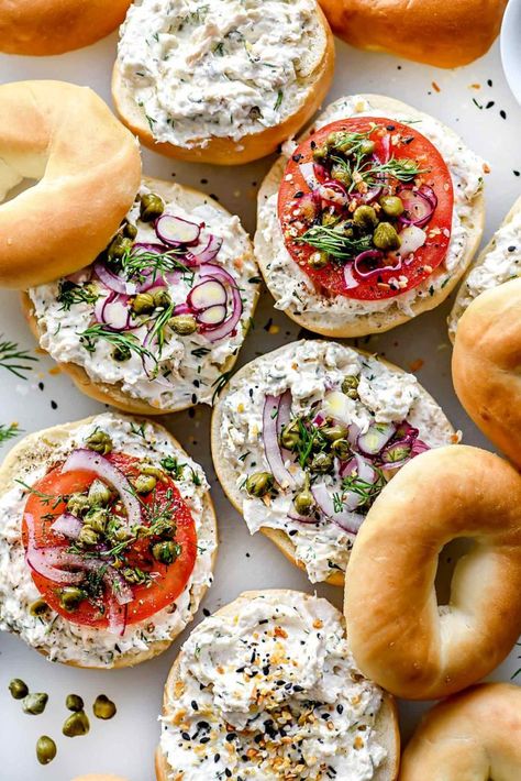 Salmon Cream Cheese Bagels - foodiecrush.com Bagel Spread, Smoked Salmon Cream Cheese, Bagel Toppings, Salmon Bagel, Salmon Cream Cheese, Cheese Bagels, Mini Bagels, Bagel Cream Cheese, Bagel Shop