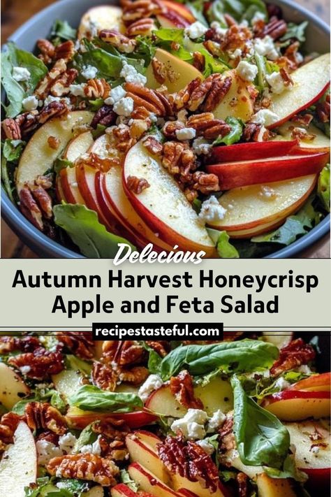 This Autumn Harvest Honeycrisp Apple and Feta Salad combines crisp Honeycrisp apples, creamy feta cheese, and crunchy toasted pecans with a tangy apple cider vinaigrette. It’s perfect for celebrating fall flavors with a mix of sweet, tangy, and crunchy elements, making it a refreshing and flavorful side dish or light meal. Apple And Feta Salad, Harvest Salad Recipes, Apple Cider Vinaigrette, Honeycrisp Apple, Autumn Salad Recipes, Cider Vinaigrette, Thanksgiving Salad, Apple Salad Recipes, Creamy Feta