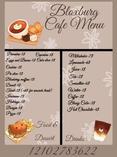 Cat Cafe Food Drinks, Cat Cafe Bloxburg, Bloxburg Cafe Menu Decals, Bloxburg Bakery Decals, Roblox Cafe, Cafe Decal, Town Decals, Cottagecore Cafe, Roblox Decal Id