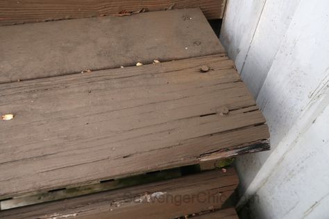 Quick Repair for Old Deck Stairs – Scavenger Chic Stairs Repair, Deck Staircase, Porch Repair, Patio Stairs, Porch Stairs, Porch Wood, Deck Makeover, Upcycled Decor, Patio Steps