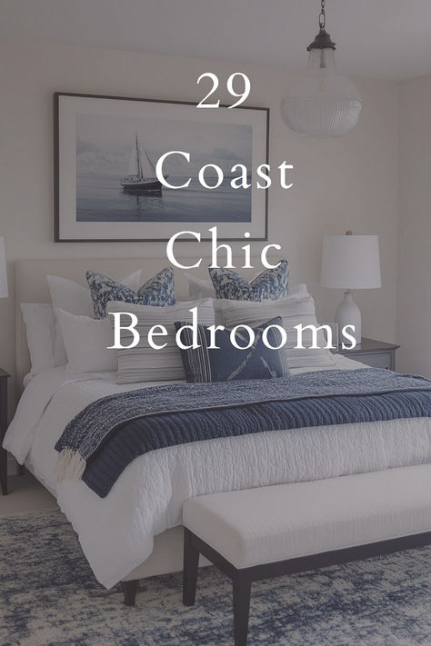 Turn your bedroom into a serene coastal retreat with these 29 coast chic ideas! From luxurious linens and soft blues to nautical touches and natural textures, these designs add both elegance and tranquility to your space. Perfect for a peaceful, stylish escape! 🌴💖 #CoastalChic #BedroomIdeas Modern Coastal Bedroom Master Suite, Bedroom Inspirations Coastal Modern, Twin Coastal Bedroom, Coastal Wicker Bedroom, Cream Bedroom With Blue Accents, Hamptons Guest Bedroom, Seaside House Decor, Coastal Bedroom Navy Blue And White, Serene Coastal Bedroom