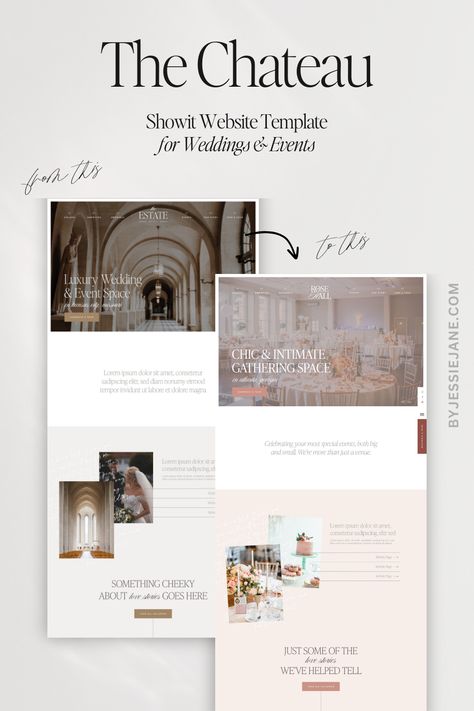 The Chateau Showit website template is perfect for all wedding industry pros and many more types of service providers and creators. This is a fully customizable 10+ page Showit website template that makes setting up your dream site simple and quick.  {Website Design Inspiration / Website Design Ideas / Website Themes | Website Branding Design / Showit Website Design / Showit Web Design / Showit Web Designers / DIY Website Design Ideas / Showit Design / Luxury Website} Chic Website Design, Website Branding Design, Diy Website Design, Luxury Website, Showit Website Template, Diy Website, Custom Web Design, The Chateau, Web Designers