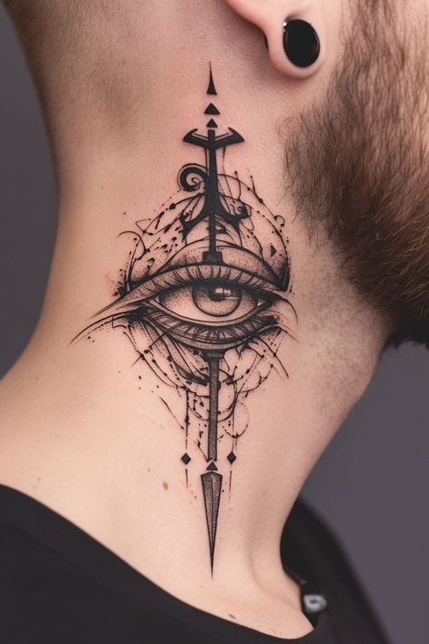 Tattoo Ideas Neck Men, The All Seeing Eye Tattoo, Meaning Tattoos Men, Shiva Eye Tattoo, Self Made Man Tattoo, Neck Tattoo Designs Men, Back Tats Men, Eye Tattoo Ideas For Men, Little Neck Tattoos