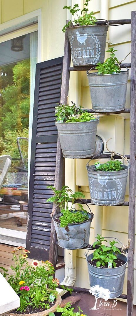 Farm Country Decor, Wooden Ladder Ideas, Old Ladder Decor, Unusual Garden Planters, Repurposed Ladders, Ladder Planter, Outdoor Deck Decorating, Old Wooden Ladders, Ladder Ideas