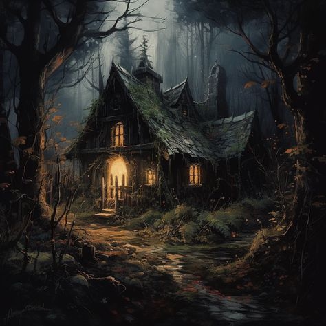 In the heart of the forsaken woods, a creepy, overgrown cottage emerges from the shadows. Within its walls, an ancient witch once practiced… | Instagram Witch Cottage In The Woods, Witch Woods, Witch In The Woods, Cottage Gore, Cottage Concept Art, Spooky Cabin In The Woods, Creepy Cottage In The Woods, Haunted Woods Painting, Spooky Woods Painting