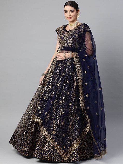 Navy Blue And Gold Lehenga, Blue Dupatta With Gold Embroidery For Festive Occasions, Lehenga Designs Navy Blue, Blue And Golden Lehenga, Blue And Gold Lehenga, Navy Blue And Golden Lehenga, Navy Blue Sequin Lehenga, Blue Bridal Lehenga, Navy Blue Lehenga