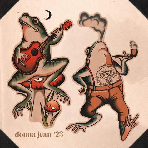 New flash ripe for the bookin’ 𓆏 Papa toad and guitar frog are repeatable in both color and b&g, available to tattoo ✁ #frogtattoo… | Instagram Loveland Frogman Tattoo, Frog Guitar Tattoo, Frog Toad Tattoo, Horned Toad Tattoo, Frog Playing Guitar Tattoo, Over The Garden Wall Frog Tattoo, Peace Frog Tattoo, Traditional Frog Tattoo Flash, Banjo Frog Tattoo