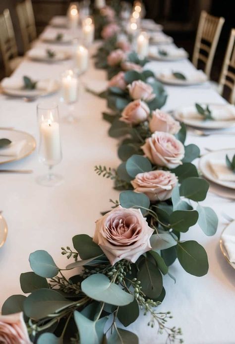 Dusty Pink Wedding Table, Gold Floating Candles, Pink Wedding Table, Rose Gold Cutlery, Dusty Pink Wedding, Floating Candle Holders, Dusty Pink Weddings, Artificial Eucalyptus Garland, Table Lanterns