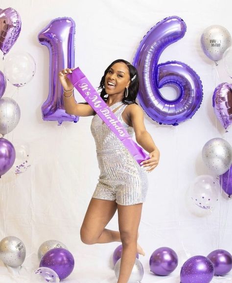 16 Birthday Photoshoot Purple, Purple Photoshoot Birthday, 16th Birthday Photoshoot, Sixteen Photoshoot, 16 Photoshoot, Lavender Party, Bday Shoot, Ball Birthday Parties, 21st Birthday Photoshoot