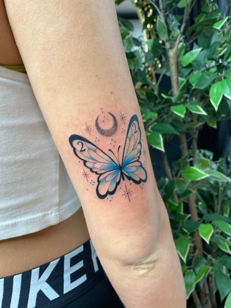 Blue Tattoo Butterfly, Blue Butterfly Tattoo Arm, Blue Ink Butterfly Tattoo, Celestial Butterfly Tattoo, Colourful Butterfly Tattoo, Chest Tattoo Drawings, Feminine Shoulder Tattoos, Colorful Butterfly Tattoo, Blue Butterfly Tattoo