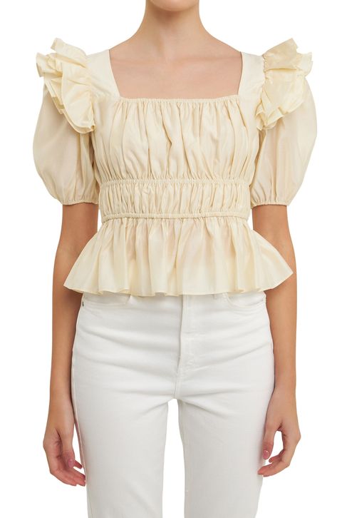 Shirring at the waist creates elegant shape on this puff-sleeve blouse crafted with frothy ruffles at the shoulders for dramatic flair. Square neck   Short sleeves   Lined   85% Tencel® lyocell, 15% polyester   Tencel lyocell is a sustainably produced fiber made with closed-loop processing   Hand wash, dry flat   Imported Blouse Ruffle Sleeve, Puffy Blouse, History Bounding, Ruffle Tops, Shirred Top, Puff Sleeve Crop Top, Corset Crop Top, Peplum Hem, Puff Sleeve Blouse