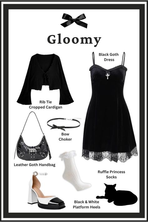 A coquette style for your mysterious and dark stories. Set to allure for a new wardrobe check. #GloomyGlamour #CoquetteFashion #MysteriousCharm #FashionInspo #MoodyPalettes #GothicStyle #EnigmaticElegance #FashionInspiration #StyleInspo #Fashionista #OutfitIdeas #TrendyFashion #ChicAndMysterious #SultryStyle #DarkRomance #AlluringAesthetic #FashionableMystique #ElegantGoth #CharmingEnsembles #SeductiveFashion Coquette Gloomy, Black Goth Dress, White Platform Heels, Elegant Goth, Bow Choker, Dark Stories, Dark Coquette, Coquette Style, White Platform