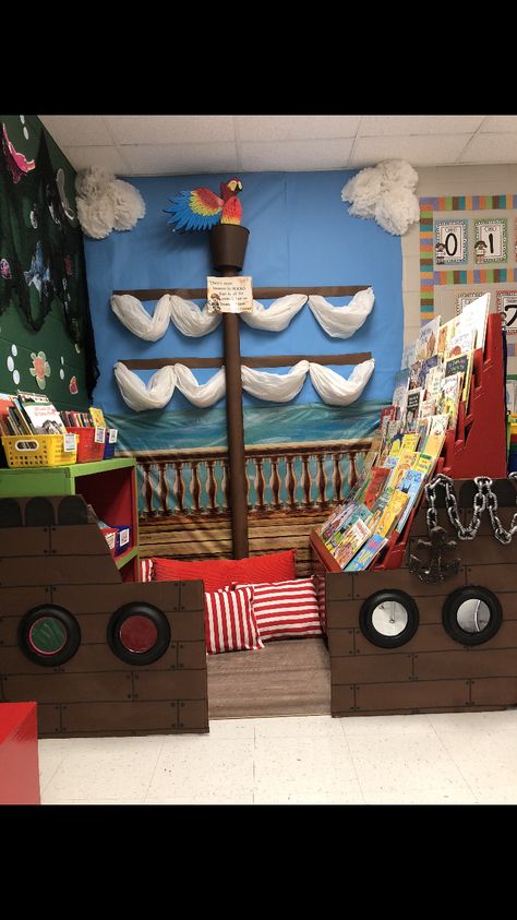 Pirates School Theme, Pirate Door, Pirate Theme Classroom, Pirate Classroom, Nautical Classroom, Disney Themed Classroom, Pirate Activities, Toddler Themes, Library Themes