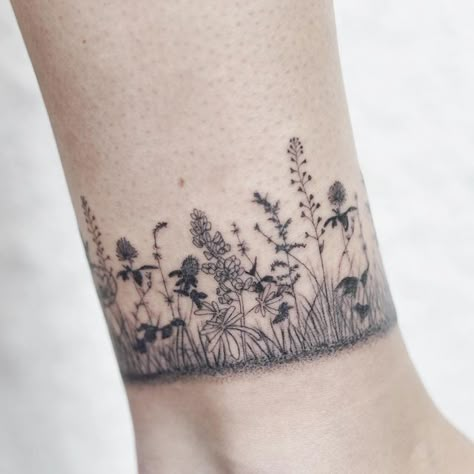 Honeycomb Wildflower Tattoo, Wildflower Cuff Tattoo, Wildflower Tattoo Forearm, Wild Flower Tattoos, Meadow Tattoo, Wildflower Tattoo Sleeve, Floral Ankle Tattoo, Field Tattoo, Grass Tattoo