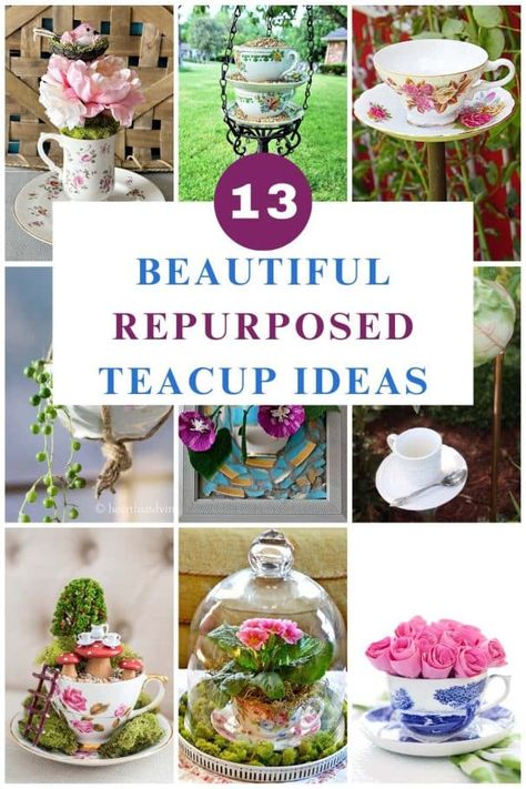 upcycled teacup craft collage Upcycle Teacups, Repurpose Vintage Glassware, What To Do With Old Tea Cups And Saucers, Teacup Diy Projects, Uses For Old Tea Cups, Teacups In The Garden, Teacup Gift Ideas, Repurposed Tea Cups, Tea Cup Ideas Diy Crafts