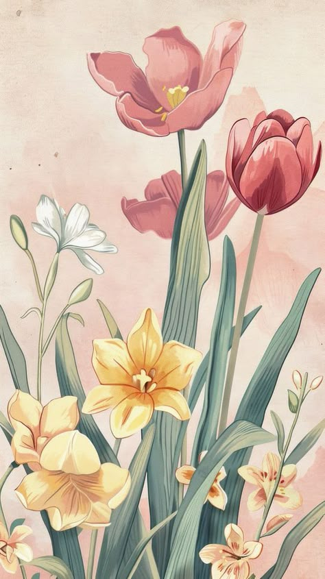 Cute spring postcard illustrated painting daffodil. | free image by rawpixel.com / Boom Daffodil Flower Aesthetic, Plant Iphone Wallpaper, Wallpaper Aesthetic Tulips, Painted Daffodils, Flower Wallpaper Aesthetic, Wallpaper Aesthetic Cute, Aesthetic Tulips, Iphone Wallpaper Cute, Spring Flowers Wallpaper