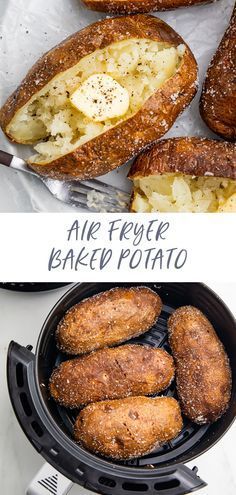 This air fryer baked potato recipe seriously makes the best baked potatoes we've ever tried! The skin is crispy and salty but the flesh is light and fluffy. Plus, they're really quick and easy to make. We'll never make baked potatoes any other way than in the air fryer! #airfried #airfryer #potato #easy #loadedpotato Airfryer Veggies, Best Baked Potatoes, Baked Potato Recipe, New Air Fryer Recipes, Air Fryer Baked Potato, Air Fryer Cooking Times, Cooks Air Fryer, Air Fried Food, Air Fryer Oven Recipes