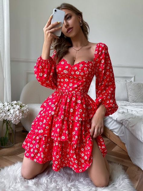 Bohemian Floral Dress, Dress Sweetheart Neckline, Tiered Ruffle Dress, Red Floral Dress, Womens Floral Dress, Lantern Sleeve, Ditsy Floral, Classy Dress, Women Dresses