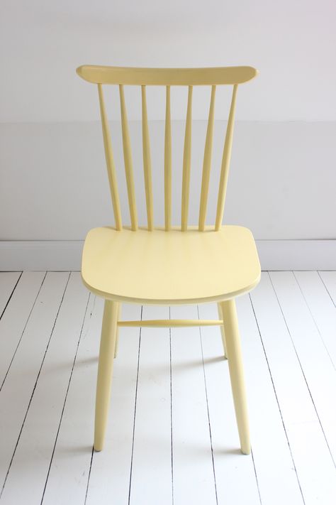 Embellished Furniture, Yellow Chair, Pastel Yellow, Chair Design, Windsor, House Ideas, Lamps, Dining Chairs, Pastel