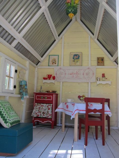 I have to do the inside of daughters playhouse this spring. Love this.. Bamboo Ceilings, Cubby House Ideas, Playhouse Interior, Playhouse Decor, Corrugated Roof, Girls Playhouse, House Interior Ideas, Backyard Playhouse, Sunroom Ideas