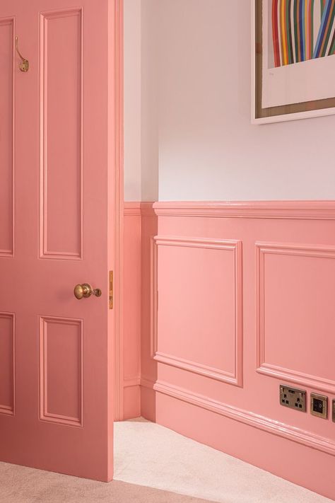 Pink And White Wainscotting, Pink Crown Molding, Pink Trim Nursery, Pink Half Wall, Pink Panel Wall, Pink Woodwork, Pink Corridor, Pink Wainscoting, Pink Hallway Ideas