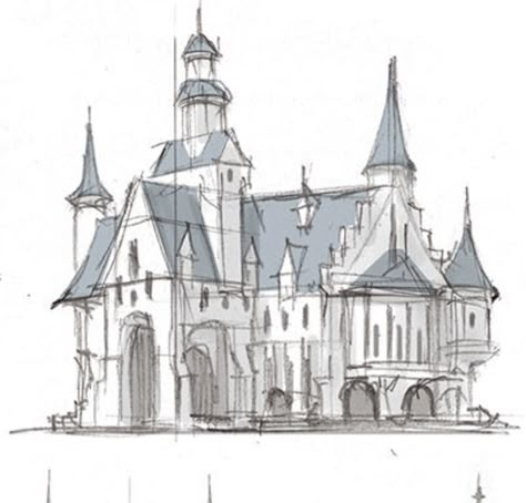 Castle Two Point Perspective, Castle Drawing Tutorial, Fantasy Architecture Sketch, Royal Castle Drawing, Fantasy Architecture Drawing, Castle Perspective Drawing, Castle Drawing Reference, Castle Architecture Drawing, How To Draw A Castle