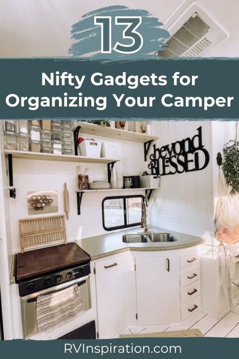 It's easy for a tiny home on wheels to feel cluttered fast. RV organization is key to making your next road trip a breeze. We're suckers for clever RV gadgets and accessories. In this article, we're sharing 13 nifty gadgets you’ll need for de-cluttering and organizing your camper. #rvtips #rvliving #campinghacks Organization Gadgets, Rv Gadgets, Camper Organization Travel Trailers, Bunk Bed Safety, Van Kitchen, Glamper Camper, Decluttering And Organizing, Camper Accessories, Tiny Home On Wheels