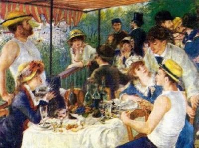 Luncheon of the Boating Party shows a group of Renoir´s friends relaxing and enjoying food, drinks and good conversation on a balcony at the Maison Fournaise in Chatou, France. Renoir often included close friends is his paintings and in this canvas he also includes his future wife, Aline Charigot, who can be seen in the left foreground playing with a small dog. Luncheon Of The Boating Party, August Renoir, Impressionism Monet, Renoir Paintings, Auguste Renoir, Paintings Famous, Pierre Auguste, Impressionist Artists, Pierre Auguste Renoir