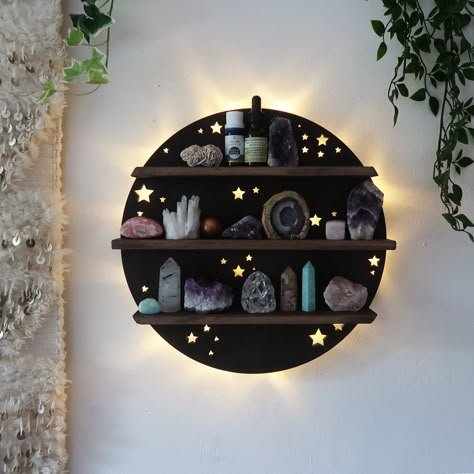 Ideas Dormitorio, Full Moon Light, Brown Moon, Geometric Shelf, Crystal Storage, Crystal Room Decor, Moon Shelf, Wicca Recipes, Crystal Shelf