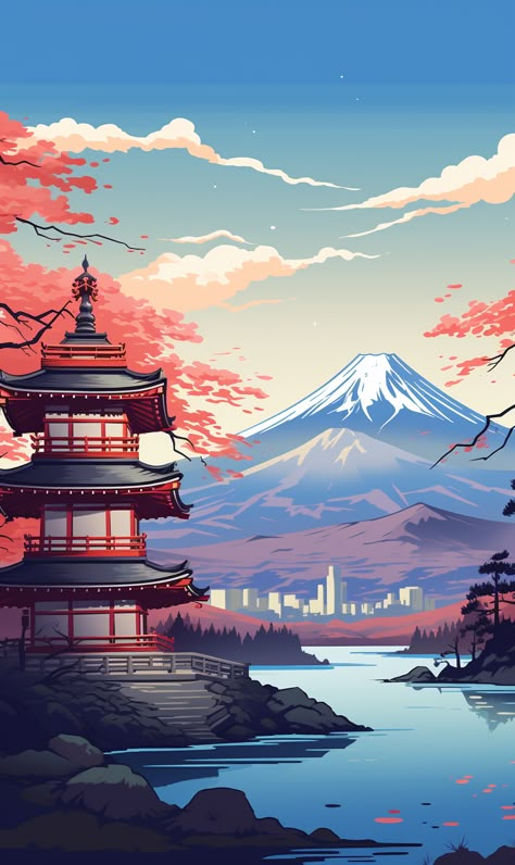 create a poster, in front is a japanese gate, in the backround there is the Mount Fuji. Japanese Background Art, Japan Aesthetic Painting Easy, Japanese Art Background, Japan Aesthetic Drawing Wallpaper, Japanese Scenery Drawing, Japanese Background Design, Japan Aesthetic Illustration, Japanese City Art, Japanese Art Landscape