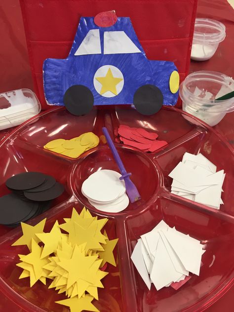 Police car preschool activity with shapes math Police Day Preschool, Police Visit Preschool, Paper Plate Police Car, Police Car Preschool Craft, Police Car Crafts For Preschool, Police Car Art Preschool, Emergency Responders Preschool, Preschool Police Officer Craft, Police Car Activities For Preschool