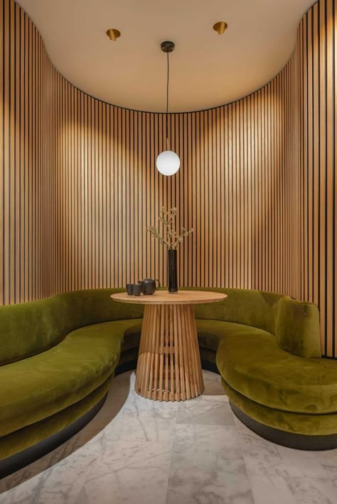 Coworking Lounge, Curved Banquette, Spa Interior Design, Curved Bench, Curved Furniture, Spa Interior, Booth Seating, Curved Wood, Curved Walls