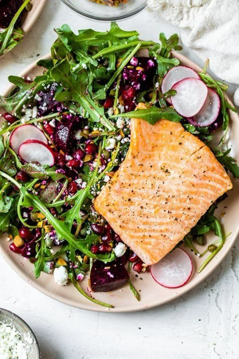 Skinnytaste Recipes Salmon, Quinoa Salmon Salad, Pomegranate Salmon, Salmon Pomegranate Salad, High Protein Salmon Salad, Arugula Salad Dressing, Salmon On The Stove, Healthy Salmon, Skinny Taste Recipes