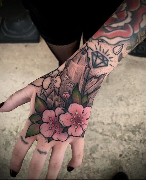 Coloured Hand Tattoos, Floral Hand Tattoo Color, Hand Tattoos For Women Color, Hand Tattoos Color, Cheeky Tattoos, Pink Flower Tattoos, Ear Tats, Full Hand Tattoo, Tattoos Hand