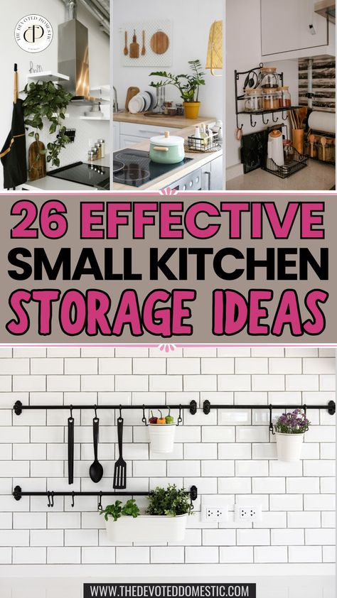 Utilizing under shelf space to store mugs, clever spice storage or cabinet door organizers... these are just a few of the 26 INSANELY effective small kitchen storage ideas that this guide features! save these kitchen storage ideas for small spaces for later if you're ready to utilize every inch of space in your kitchen! Apartment Kitchen Storage, Apartment Kitchen Storage Ideas, Side Of Fridge, Small Kitchen Storage Ideas, Kitchen Spice Storage, Small Apartment Organization, Mug Storage, Clever Kitchen Storage, Kitchen Storage Ideas