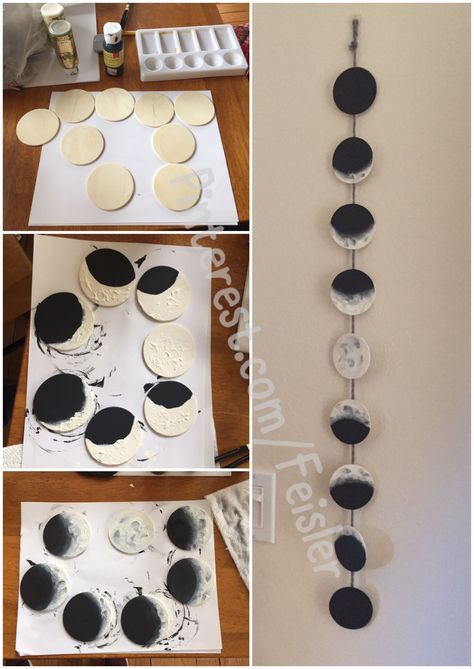 Moon And Stars Diy Decor, Moon Phases Diy Wall Art, Moon Decorations Diy, Moon Phases Room Decor, Moon Room Decor Diy, Moon Diy Decor Craft Ideas, Moon Phase Painting Diy, Diy Astrology Decor, Diy Space Decorations Bedrooms