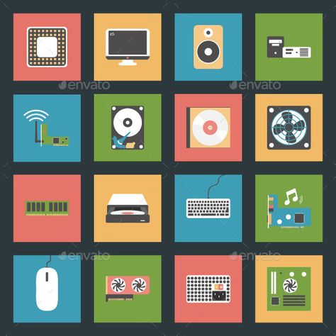 Computer Peripherals and Parts Flat Icons Set Technology Vector, Icon Set Design, Computer Set, Flat Design Icons, Nature Logo, City Icon, Flat Icons Set, Sound Speaker, Newspaper Design