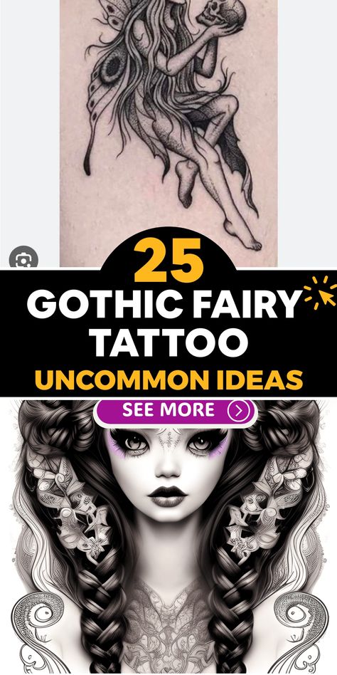 Gothic Female Tattoo, Witchy Fairy Tattoo, Dark Fae Tattoos, Dark Cottagecore Tattoo, Evil Fairy Tattoo, Dark Gothic Tattoo Ideas, Fairy Tattoo Sleeve, Small Goth Tattoos, Gothic Fairy Aesthetic