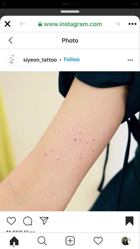 Mini Constellation Tattoo, Colored Sparkle Tattoo, Sparkle Freckle Tattoo, Cute Constellation Tattoo, Freckle Constellation Tattoo, Color Star Tattoo, Confetti Tattoo Ideas, Constellation Ankle Tattoo, Colorful Sparkle Tattoo