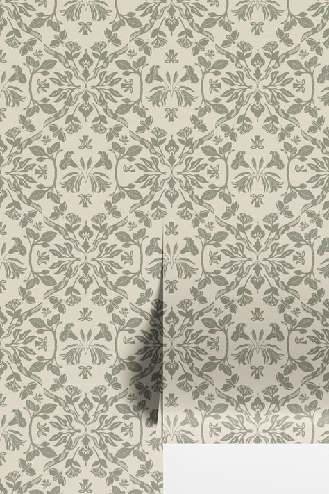 Secret Garden - Sage // by Papillon Patterns – Funky Paper Co Half Bath Wallpaper, Wallpaper Textured Walls, Wallpaper Powder Room, Affordable Wallpaper, Green Laundry, Wallpaper For Wall, Wainscoting Panels, Symmetrical Design, Neutral Wallpaper