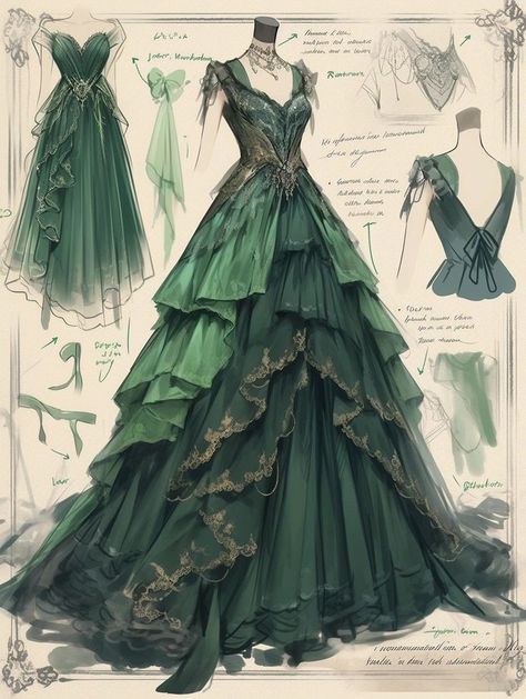 Forest Green Reception Dress, Fairy Style Dress Gowns, Ball Gowns Dresses Elegant, Fae Queen Dress, Goth Honeymoon, Dark Green Dress Aesthetic, Cottagecore Gown, Royalty Outfits, Creative Dresses