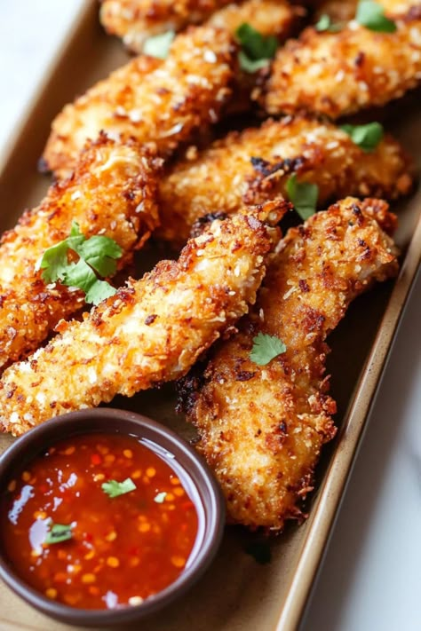 Coconut Crusted Chicken Tenders - Insanely Good Panko Chicken Tenders, Coconut Crusted Chicken Tenders, Coconut Chicken Tenders, Coconut Crusted Chicken, Crusted Chicken Tenders, Apartment Meals, Main Dish Ideas, Fried Chicken Tenders, Crispy Chicken Tenders