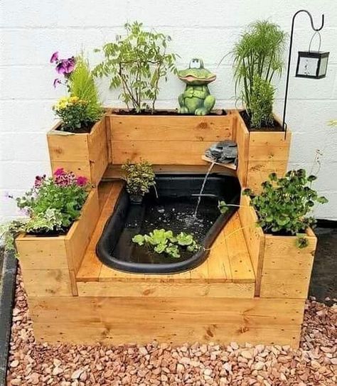 Raised Pond Ideas, Fish Ponds Backyard, Wood Pallet Ideas, Diy Ponds Backyard, Raised Pond, Mini Pond, Fish Pond Gardens, Patio Pond, Fish Tank Terrarium