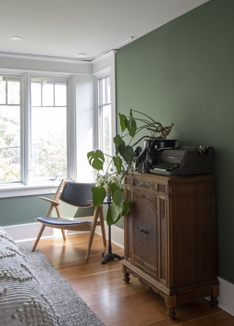 Walls painted in Benjamin Moore's Cushing Green serve as a moody backdrop for vintage pieces in the master bedroom. Cushing Green, Coin Banquette, Custom Bunk Beds, Arts And Crafts Interiors, Ann Sacks Tiles, Bunk Beds Built In, Daughter Bedroom, Green Walls, Built In Bookcase