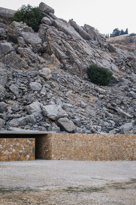 Rock Architecture Concept, Carl Gerges, Rock Architecture, Concrete Ceiling, Timber Beams, Wall Borders, Dry Stone, Earth Color, Natural Rock